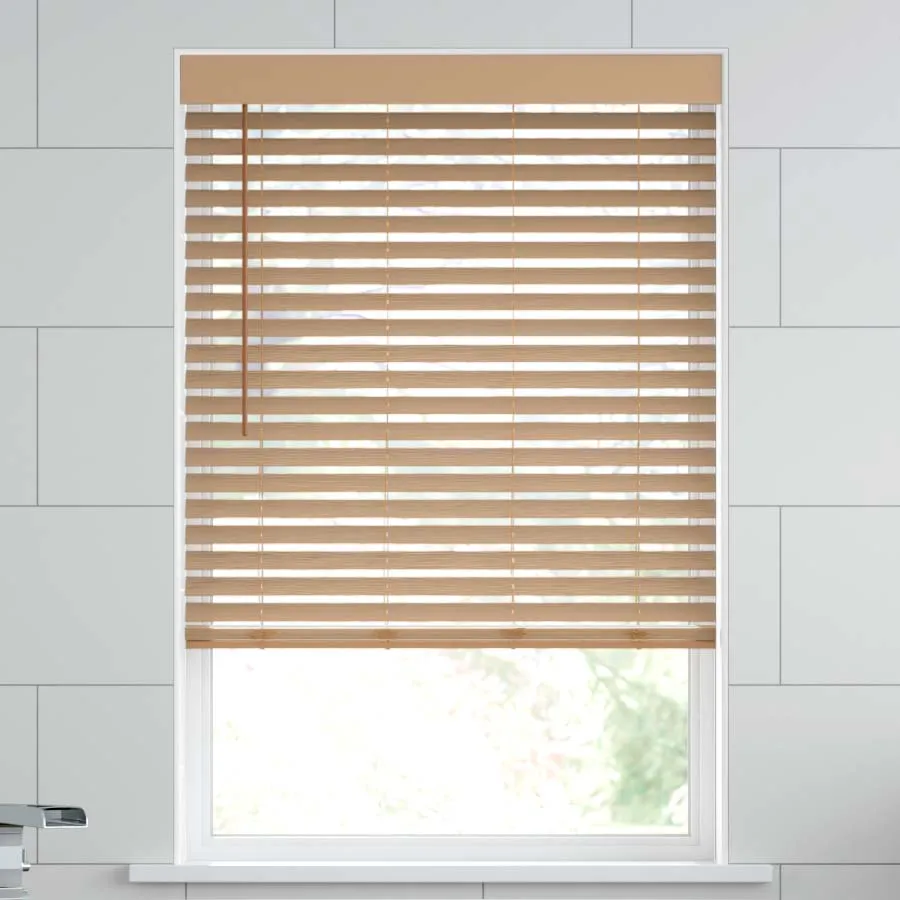 Tan faux wood blind slats with a subtle wood-grain appearance