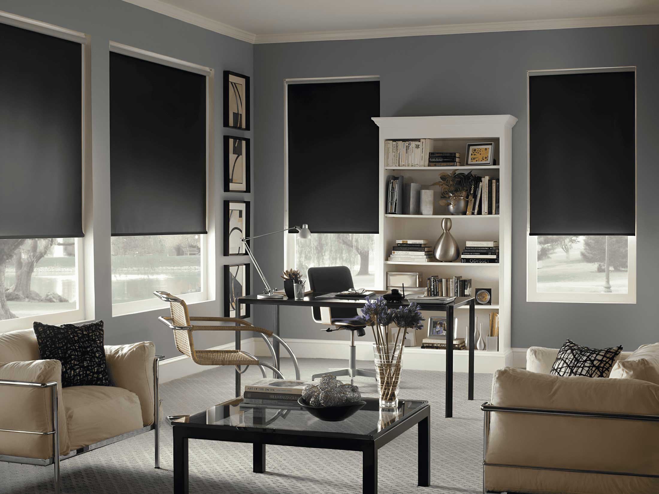Black roller shade lowered over a home office window