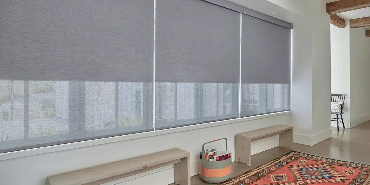 Gray roller shades aligned across a wall of windows