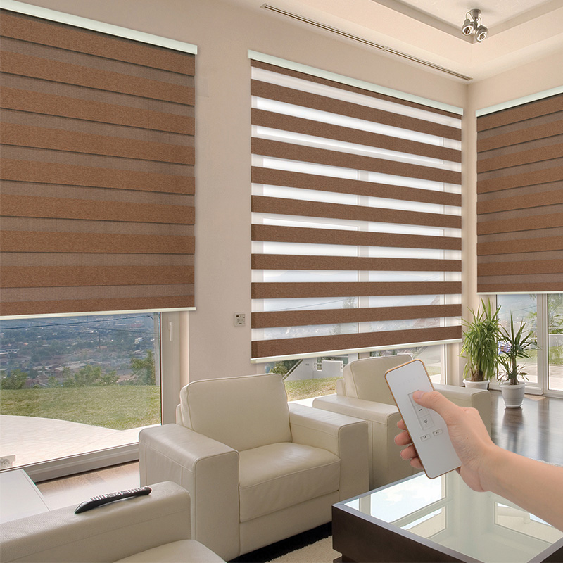 Motorized zebra shades installed in a modern living room